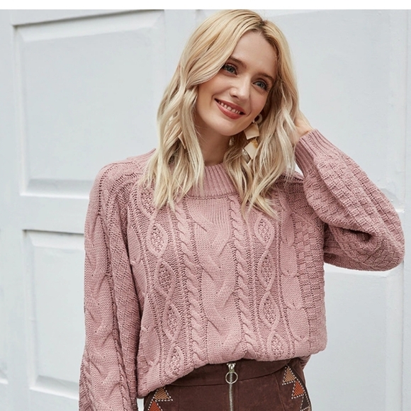 EXPRESS Cable Knit Lace Detail Bell Sleeve Sweater In Mauve Pink. Size Small NWT - Picture 2 of 14